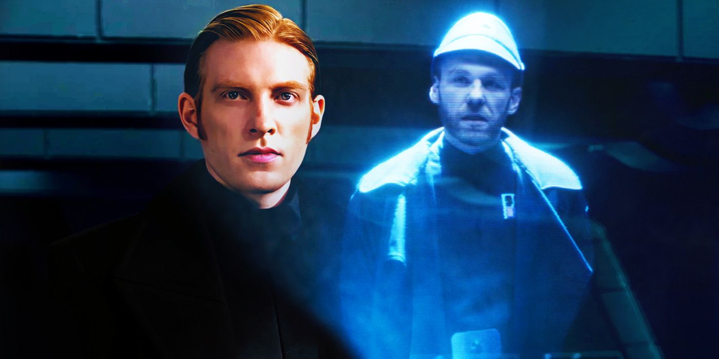 Armitage Hux de las secuelas de Star Wars junto a un holograma de su padre, Brendol Hux, de The Mandalorian