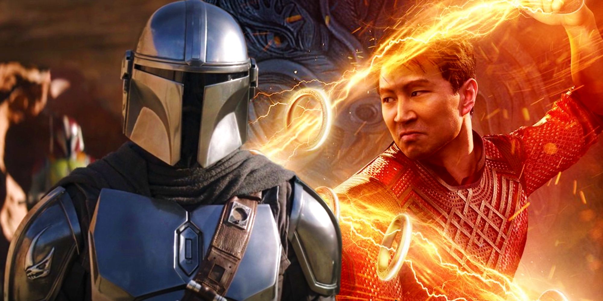The Mandalorian next to Simu Liu as Shang-Chi in the official poster for Marvel Studios' Shang-Chi and the Legend of the Ten Rings.