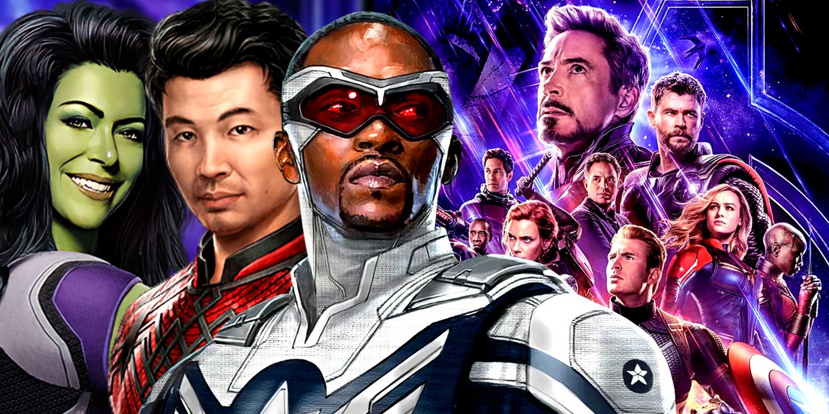 Montage of the MCU's possible New Avengers (She-Hulk, Shang-Chi, Sam Wilson Captain America) and the original six Avengers.