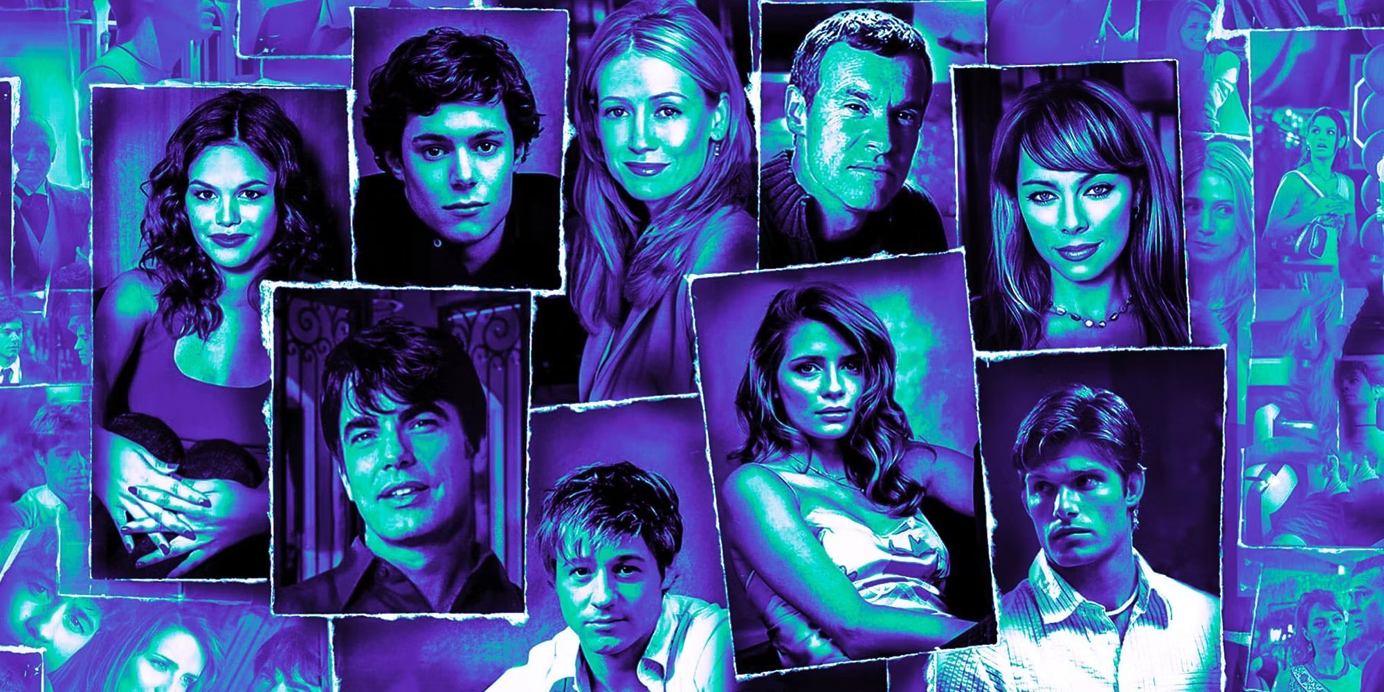 A blue collage of the cast of The O.C. 