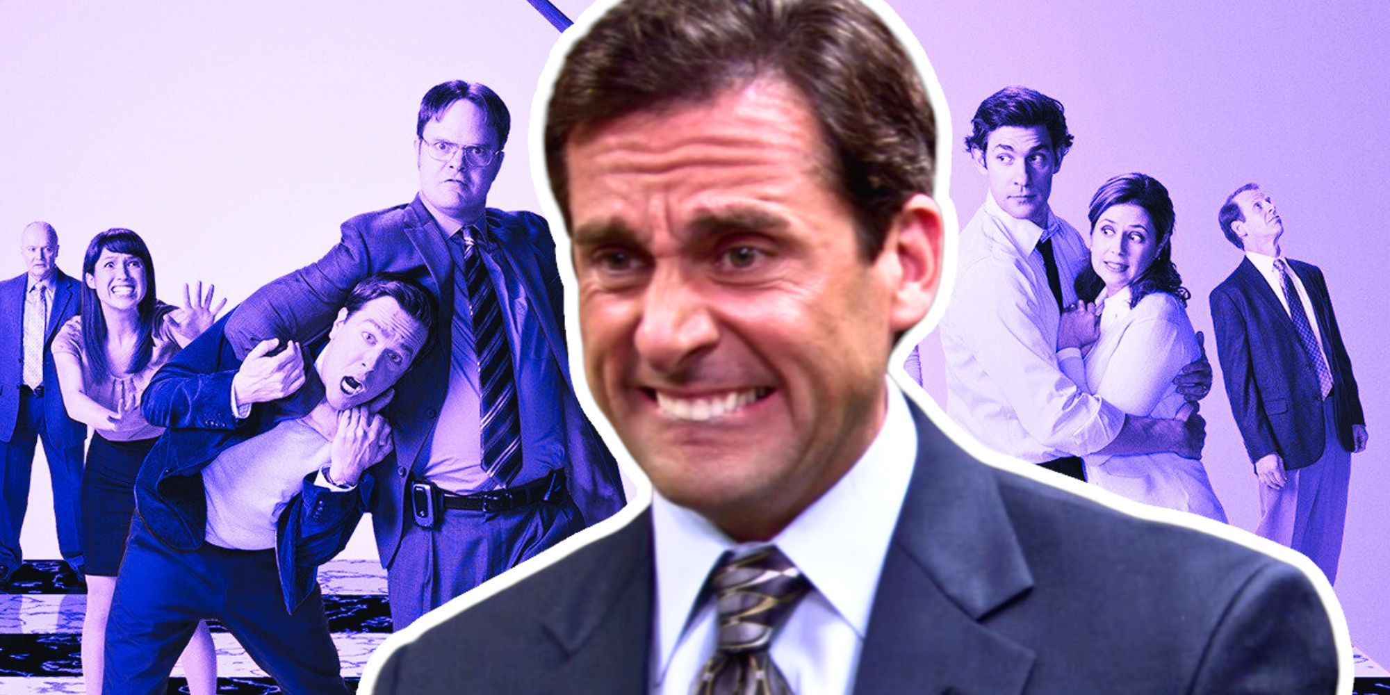 Michael Scott making a worried face with the cat of The Office season 8 behind him