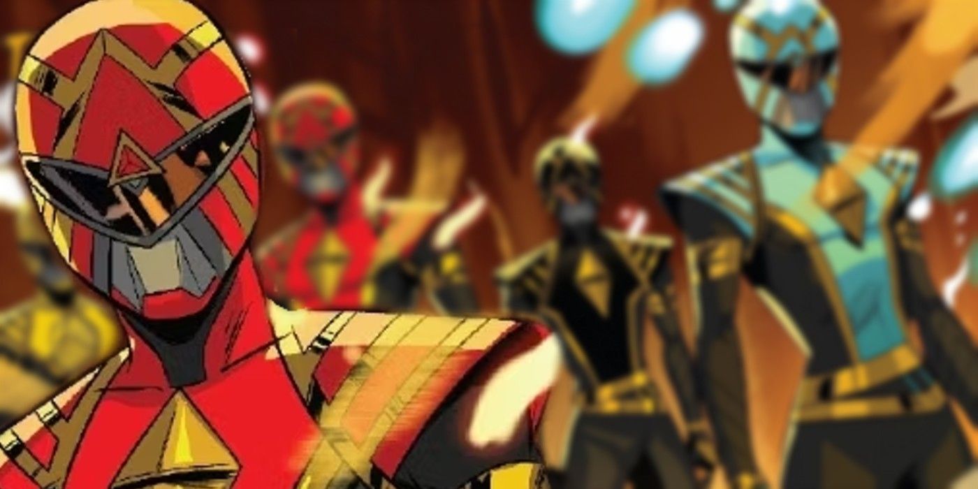 The Omega Rangers, Red in the foreground, with yellow, red, black, and blue in the background