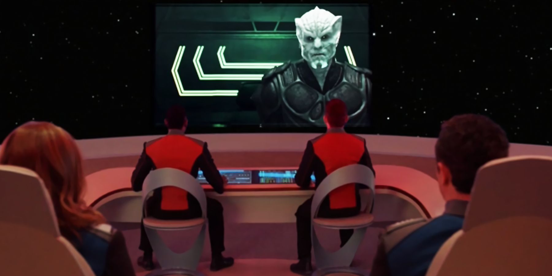 The Krill captain off-center on the Orville's view screen