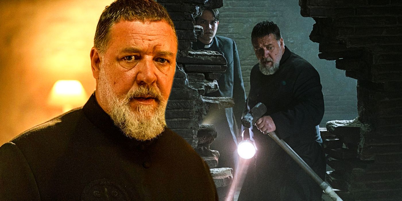 Russell Crowe looking through a wall with a flashlight in hand in The Pope&rsquo;s Exorcist