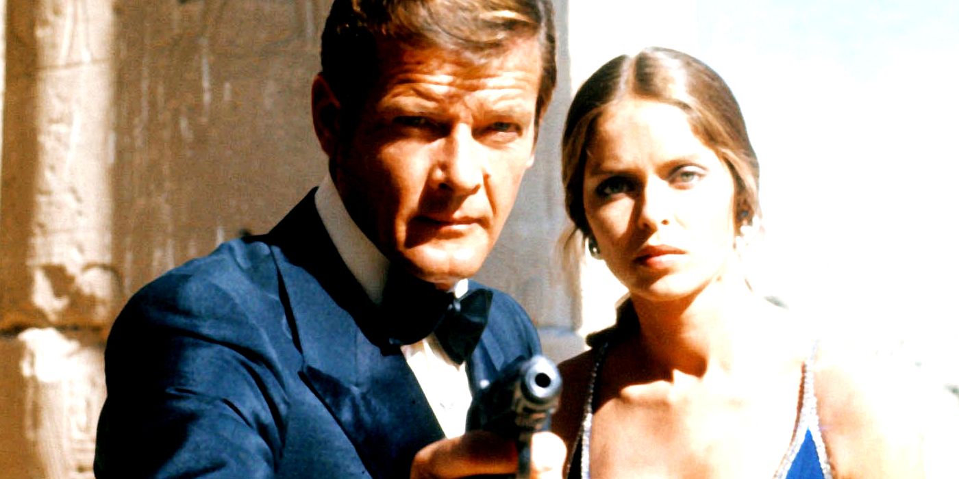 Promotional still from The Spy Who Loved Me, featuring Roger Moore as James Bond drawing his pistol, and Barbara Bach as Anya Amasova.