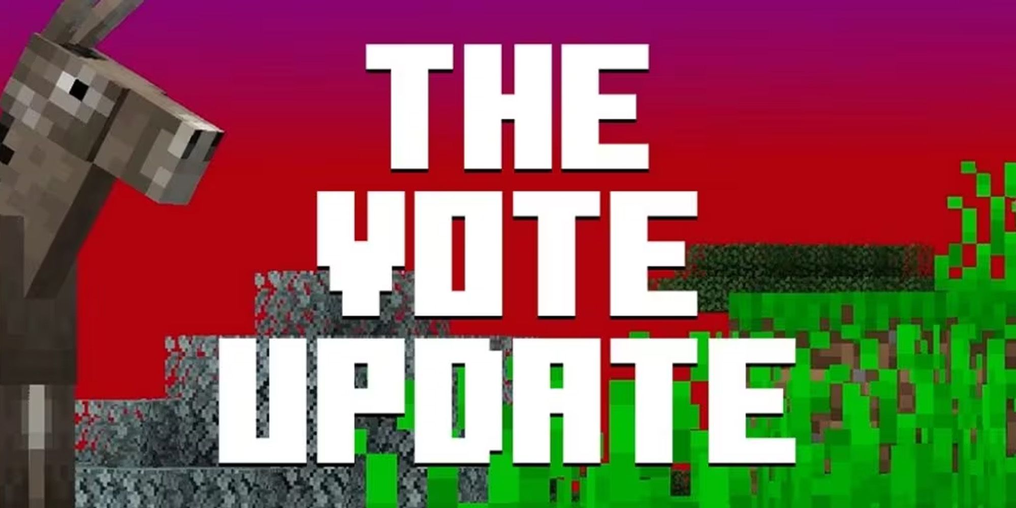 Banner image for Minecraft April Fools Day 2023 "The Vote Updaet" showing a donkey and a deep red sky.