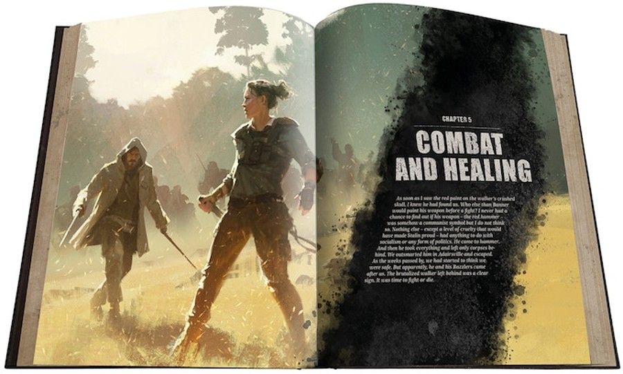 The Walking Dead Universe TTRPG book open to a page about combat and healing.