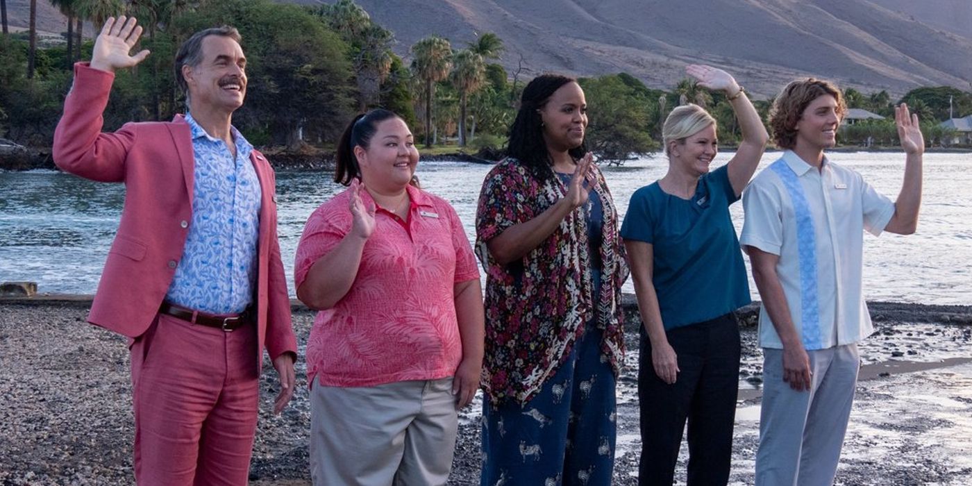 Staff Waving on the Beach in The White Lotus season 1