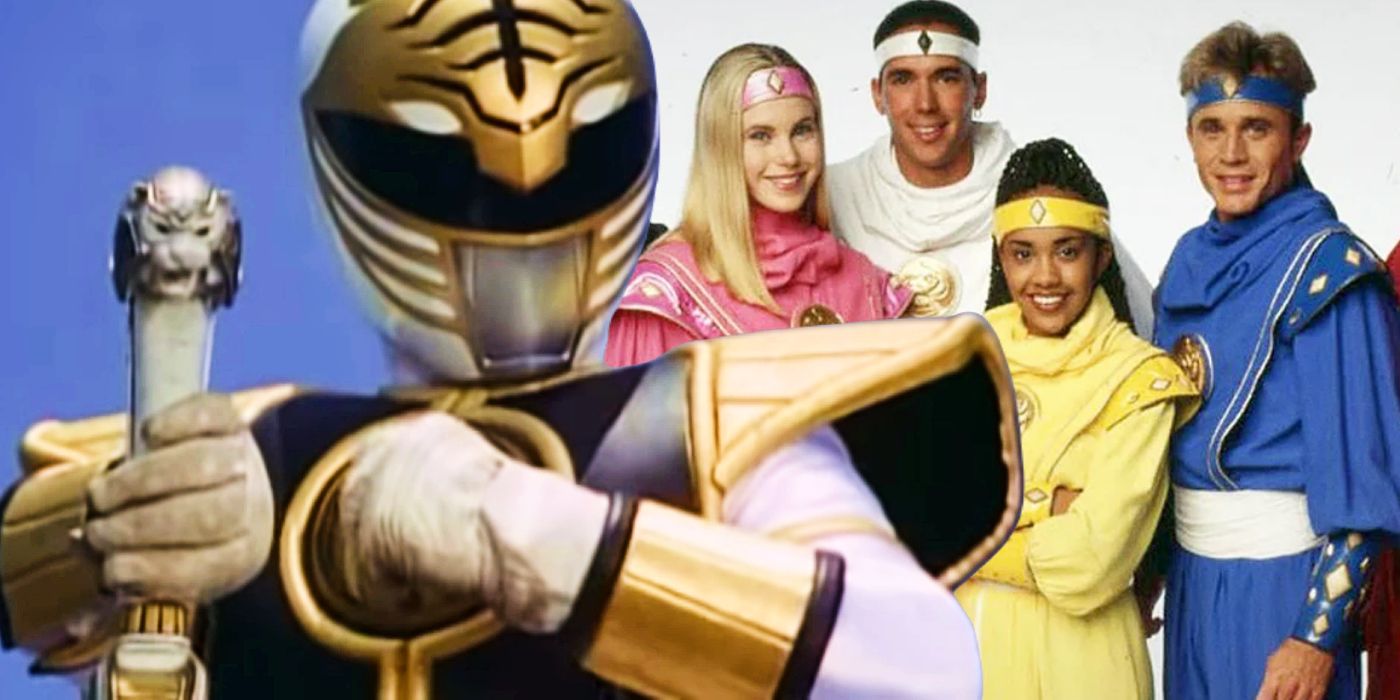 The White Ranger and the Mighty Morphin Power Rangers season 3 cast in a promotional image