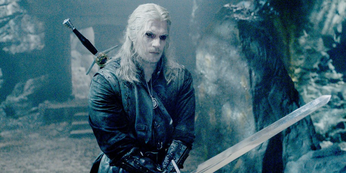 Henry Cavill as Geralt with a sword and black eyes in the The Witcher season 3