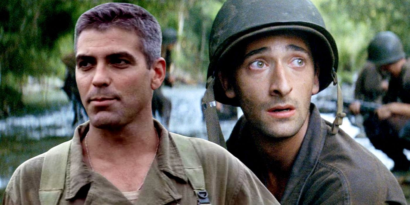 George Clooney and Adrien Brody as their respective characters in The Thin Red Line.