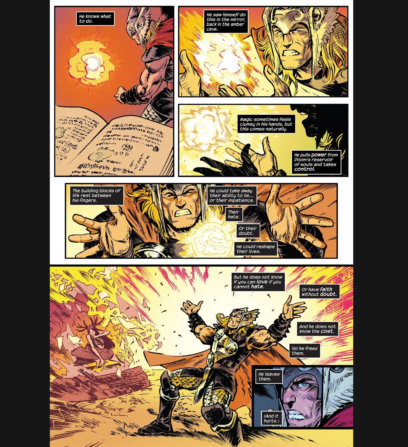 Thor pega o feitiço que Doom estava usando para controlar seus súditos e dissipa a magia de forma explosiva.