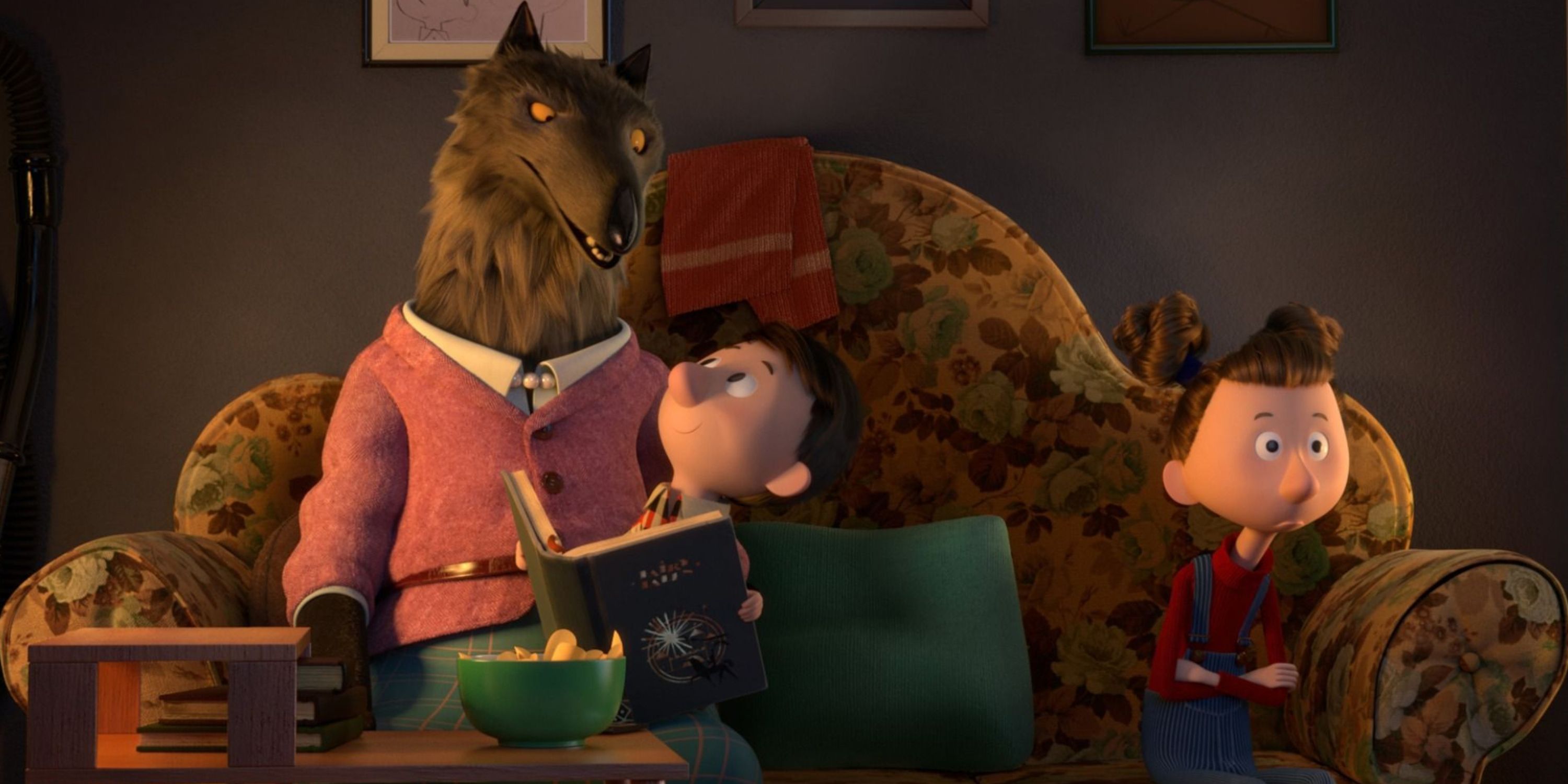 Three characters on a couch in Revolting Rhymes
