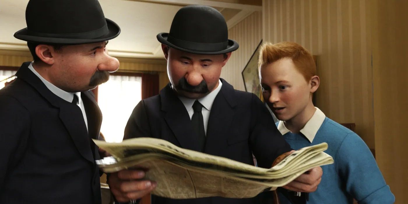 Tintin and the Thompsons look at a newspaper in The Adventures of Tintin