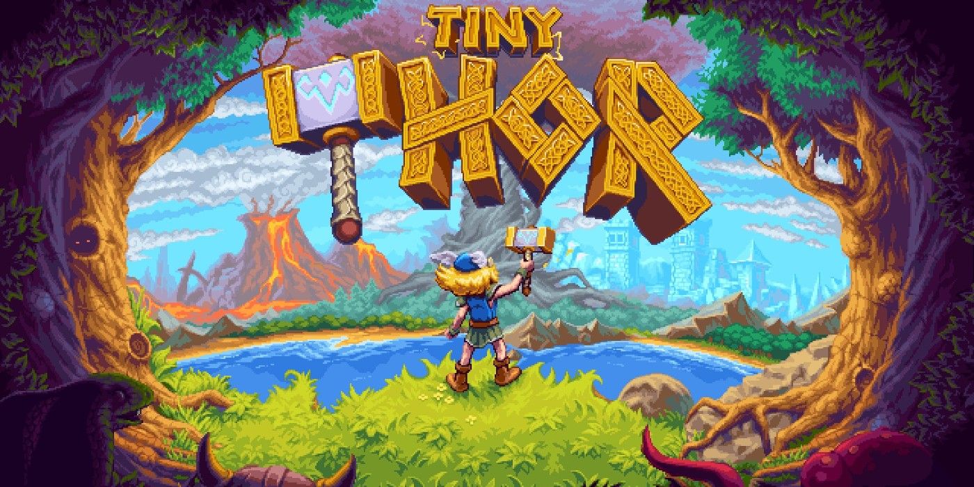 Tiny Thor Key Art showing the title and Thor standing on a cliffside above water holding his hammer in the air.