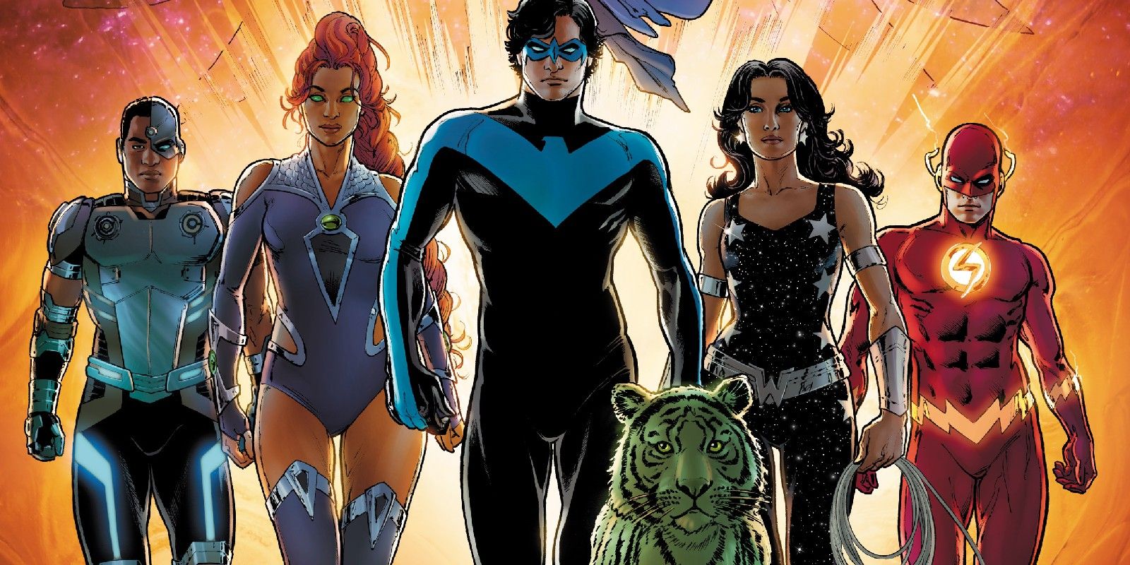 Titans walking heroically, featuring Cyborg, Starfire, Raven, Nightwing, Beast Boy, Wonder Girl, and Flash