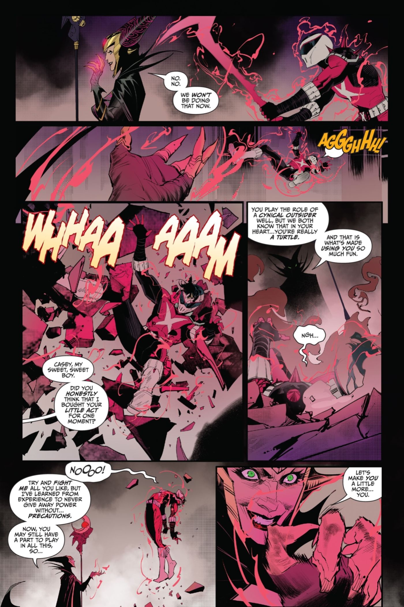 TMNT&rsquo;s Casey Jones fighting Power Rangers' Rita Repulsa.