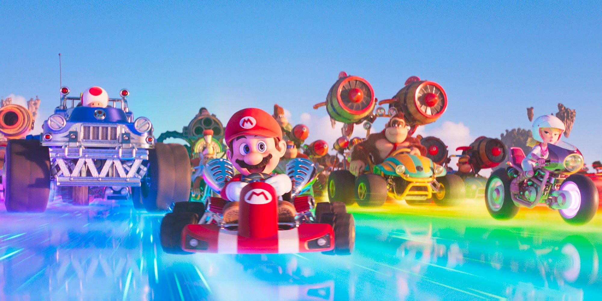 Toad, Mario Donkey Kong and Peach Drive on Rainbow Road In The Super Mario Bros Movie