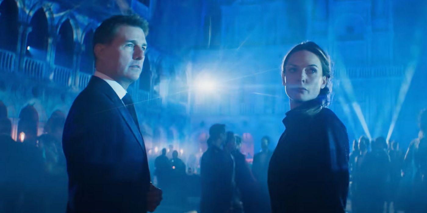 Tom Cruise as Ethan Hunt and Rebecca Ferguson as Ilsa Faust in club in Mission Impossible 7