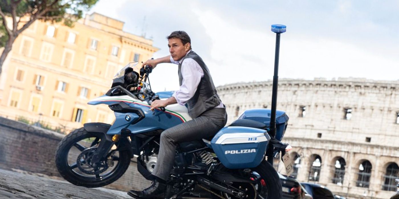 Tom Cruise on a motorcycle in Italy filming Mission Impossible 7