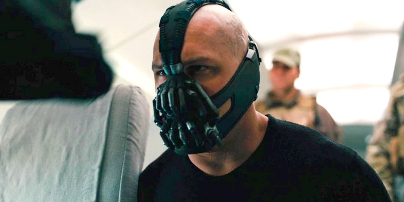 Tom Hardy as Bane on a plane in The Dark Knight Rises
