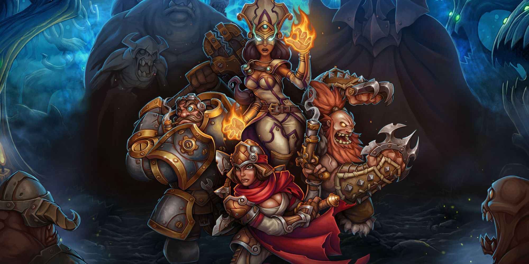 Key Art for Torchlight 2, showing a party of characters fighting off surrounding undead enemies.