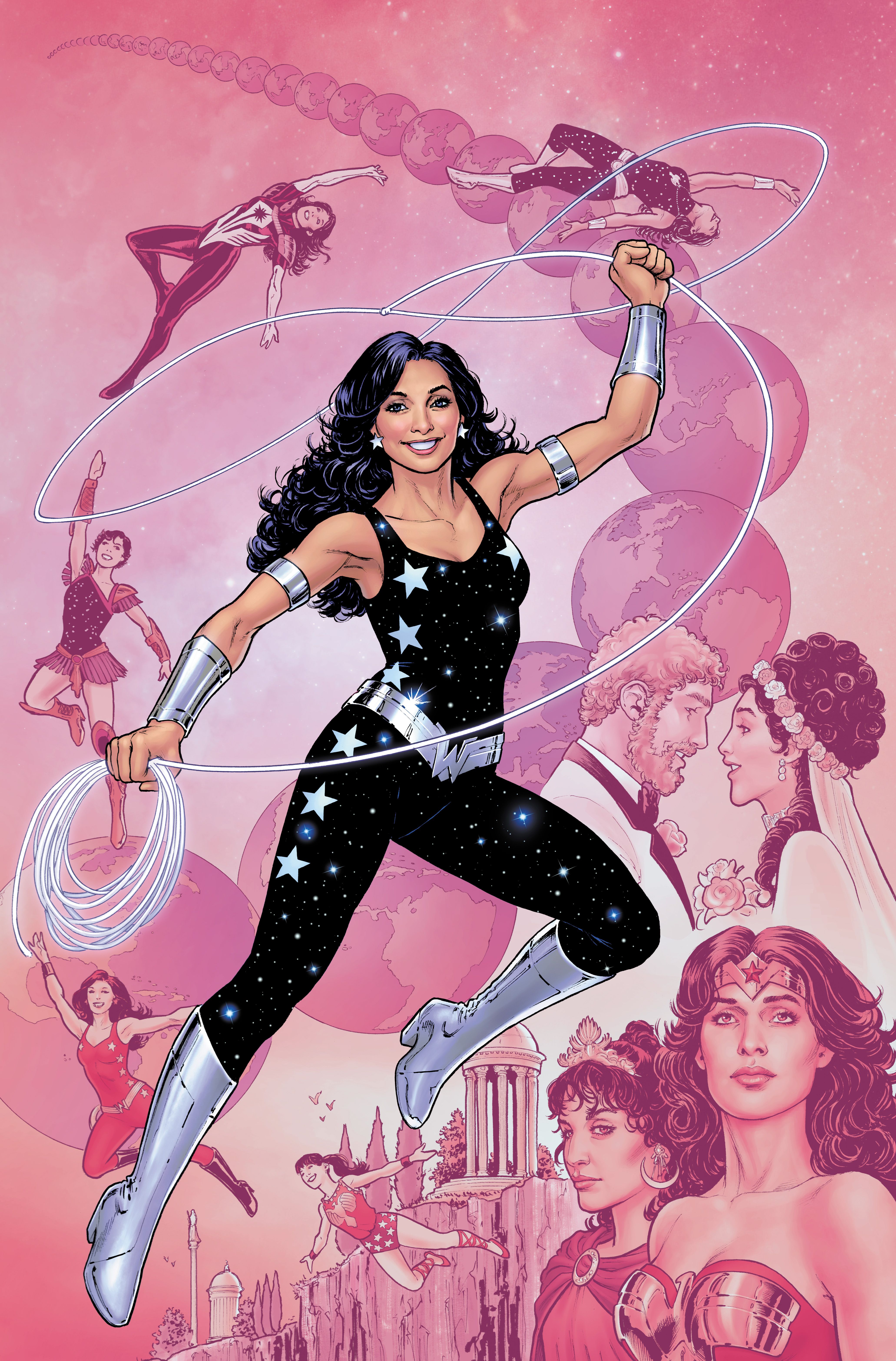 Donna Troy throwing around her lasso as she flies through a pink sky