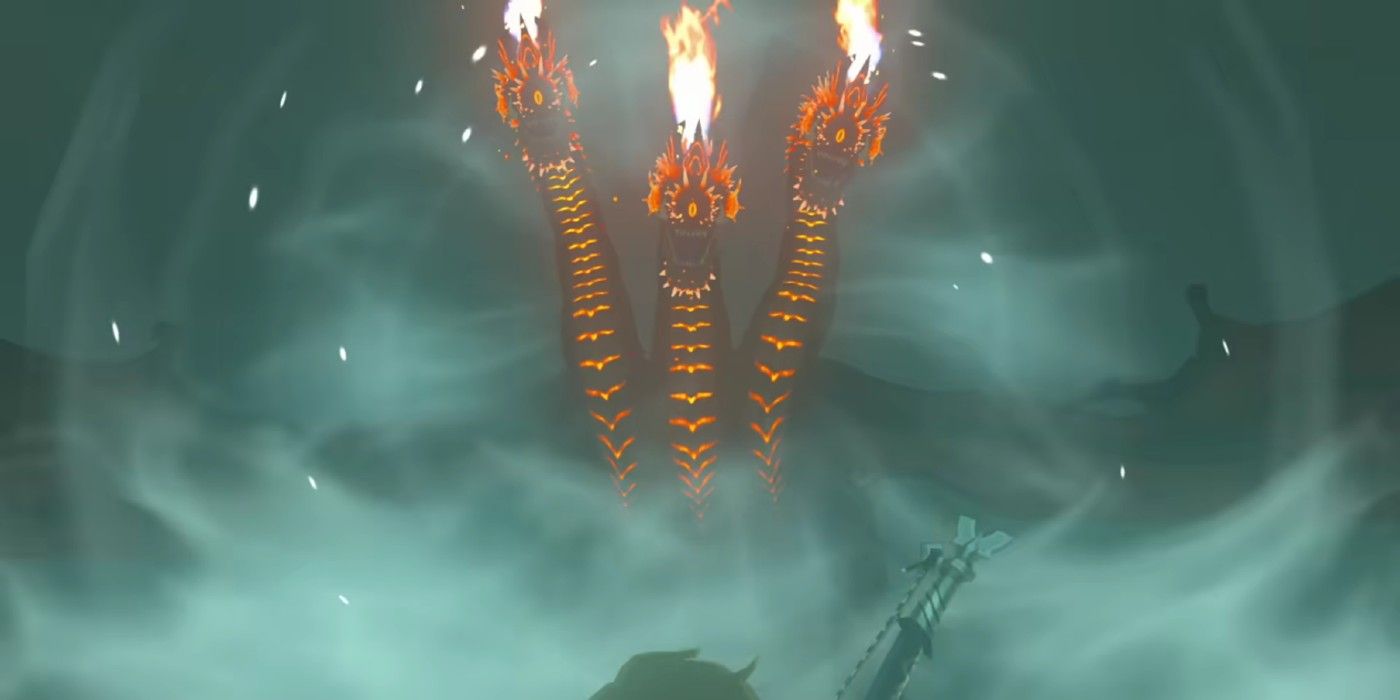 Flame Gleeok naik ke udara di atas Link di The Legend of Zelda: Tears of the Kingdom.