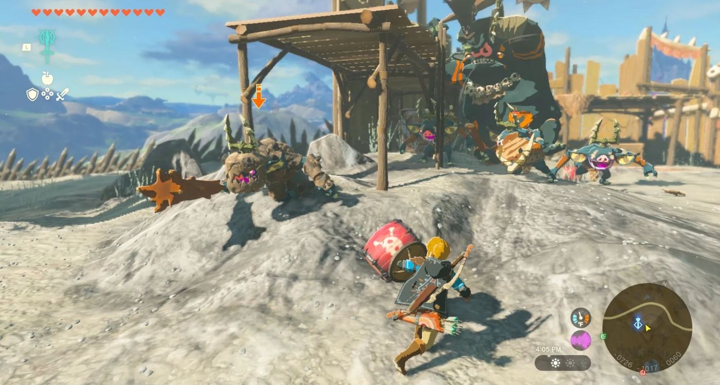 TOTK Link Fuses An Explosive Barrel To A Shield while a Bokoblin is coming to attack