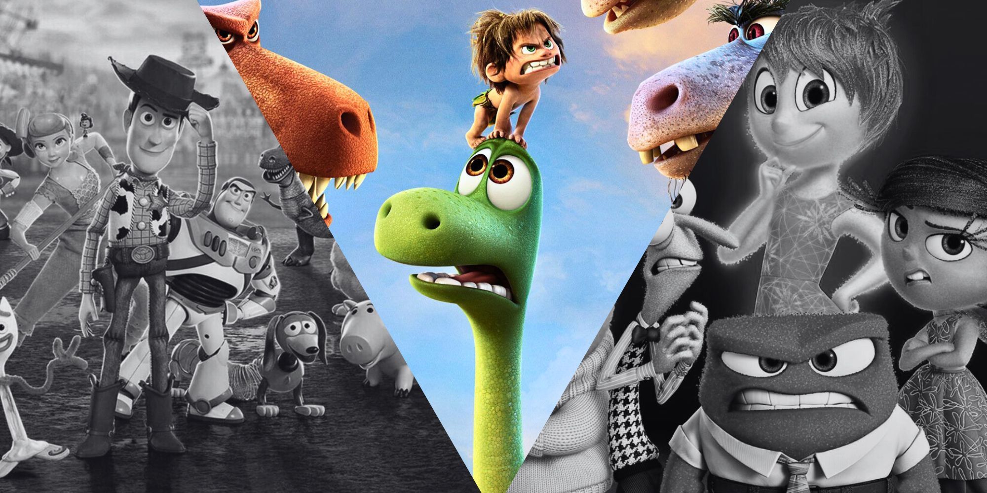 Characters from Toy Story, The Good Dinosaur, and Inside Out