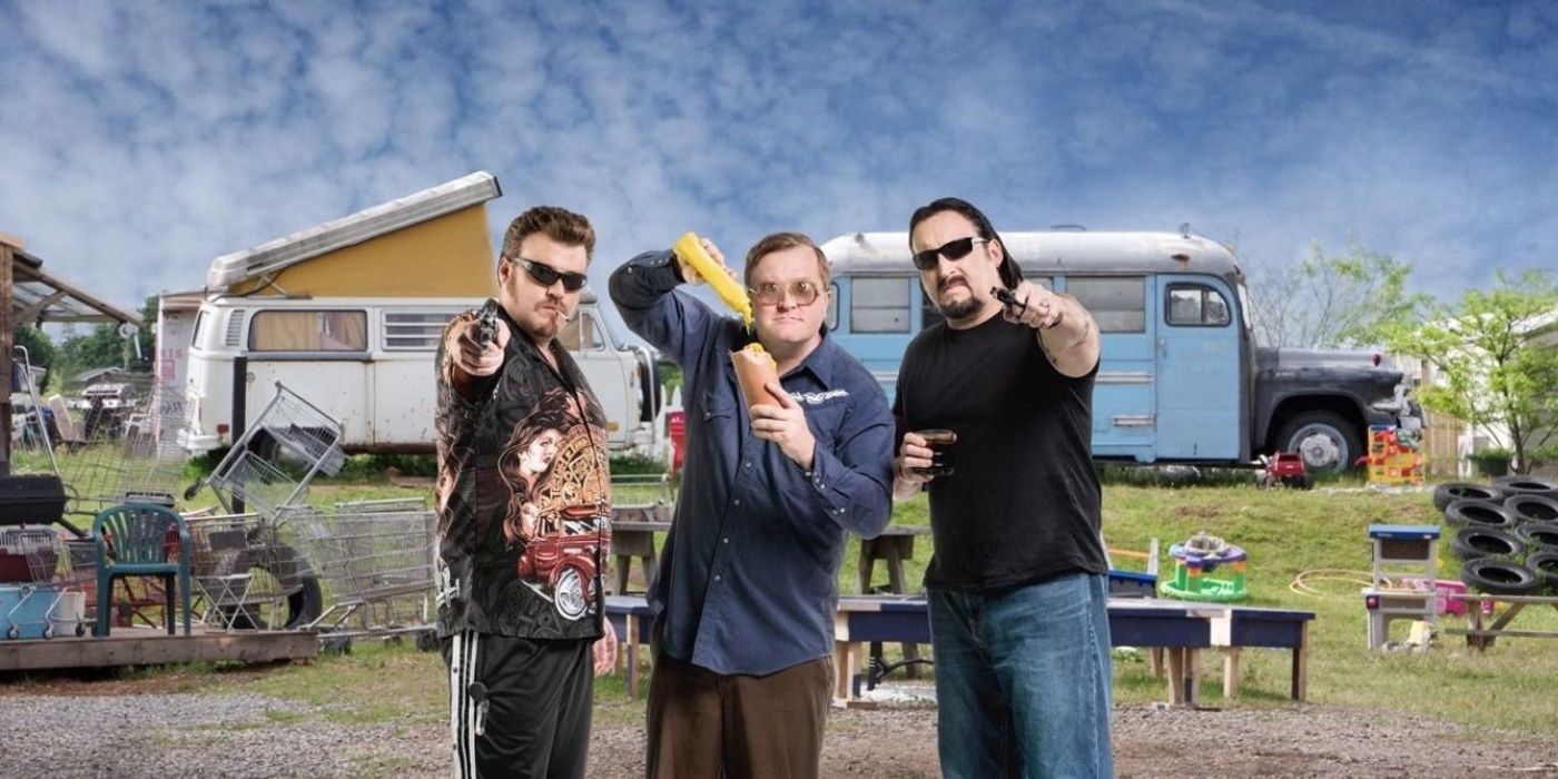 Ricky and Julian pointing guns and Bubble holding mustard in the Trailer Park Boys finale