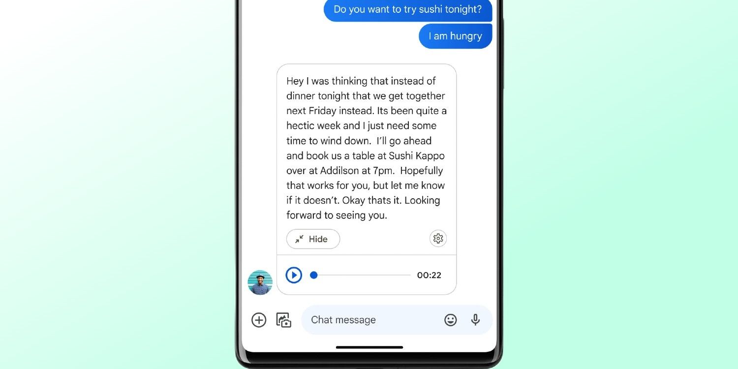 Google Messages Voice Transcription shown in a chat, displaying the text of an audio message