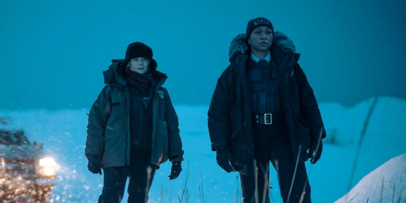 Jodie Foster and Kali Reis standing in the snow in True Detective Night Country
