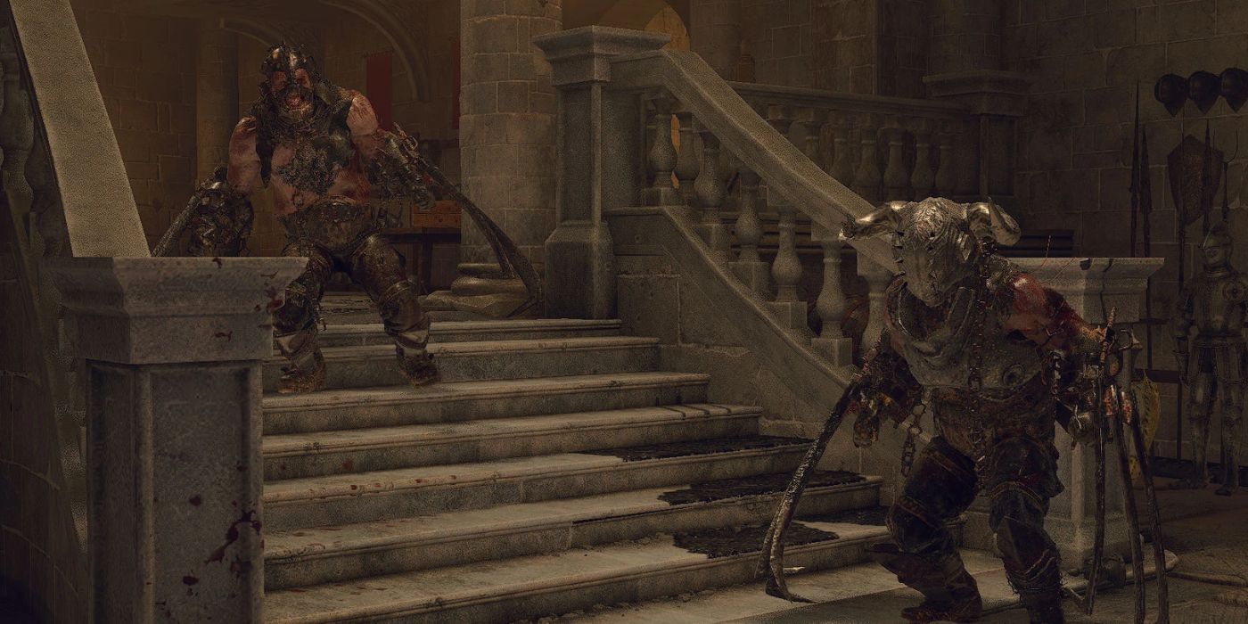 The Twin Garradors standing on a marble staircase in the Salazar Castle in the RE4 remake.