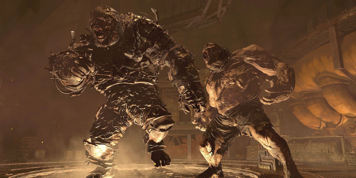 Twin Gigantes stomping towards the camera in the RE4 remake.
