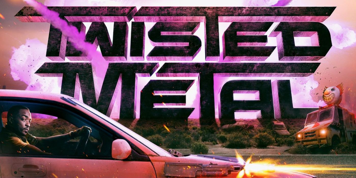 Logo Twisted Metal avec Anthony Mackie dans sa voiture blindée