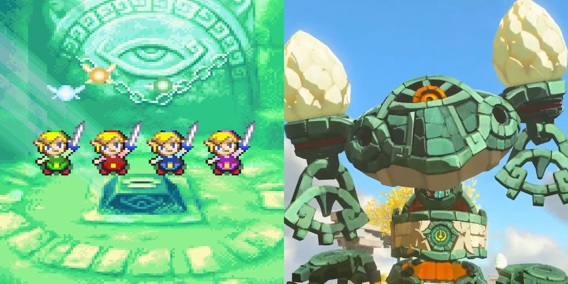 Sepasang gambar yang menunjukkan perbandingan antara ukiran mata di The Legend of Zelda: Empat Pedang dan mata Konstruksi di Air Mata Kerajaan.