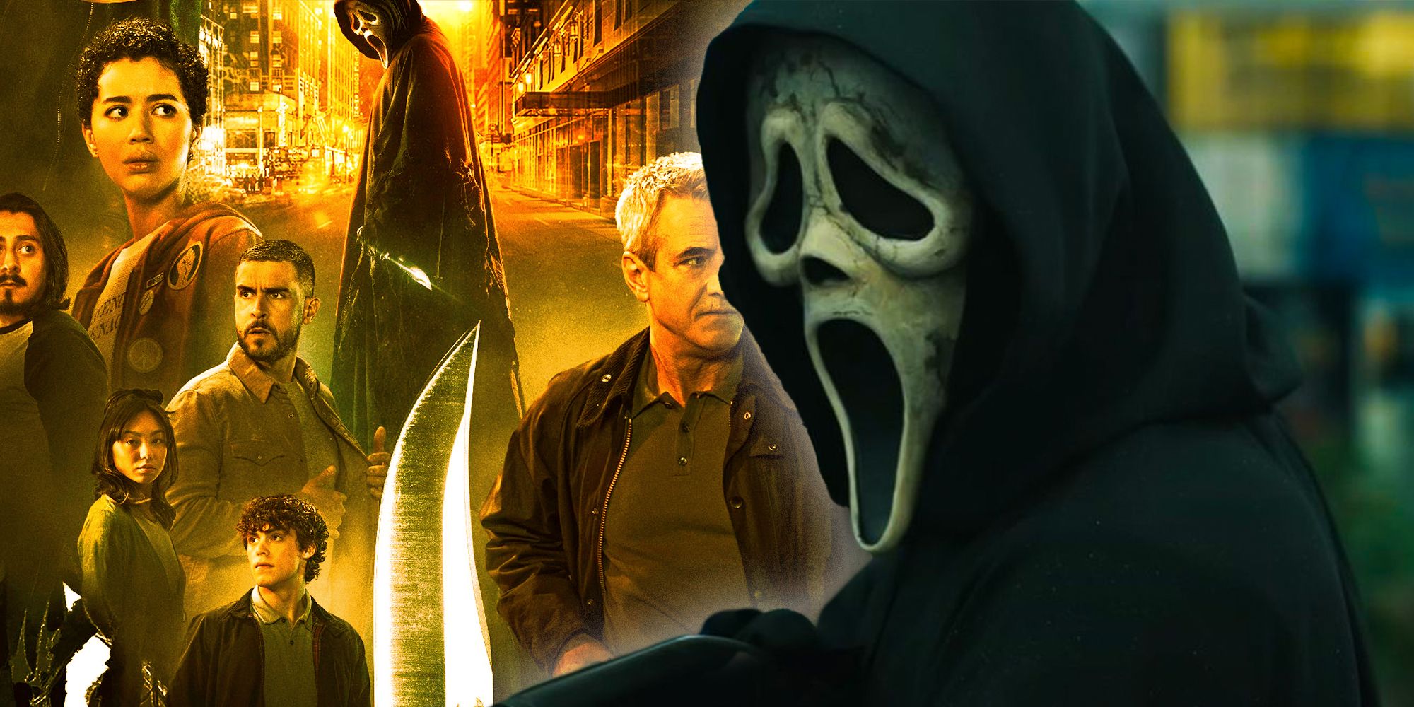 Ghostface de Scream 6 con Wayne, Ethan, Annika, Danny, Mindy y Jason en el cartel
