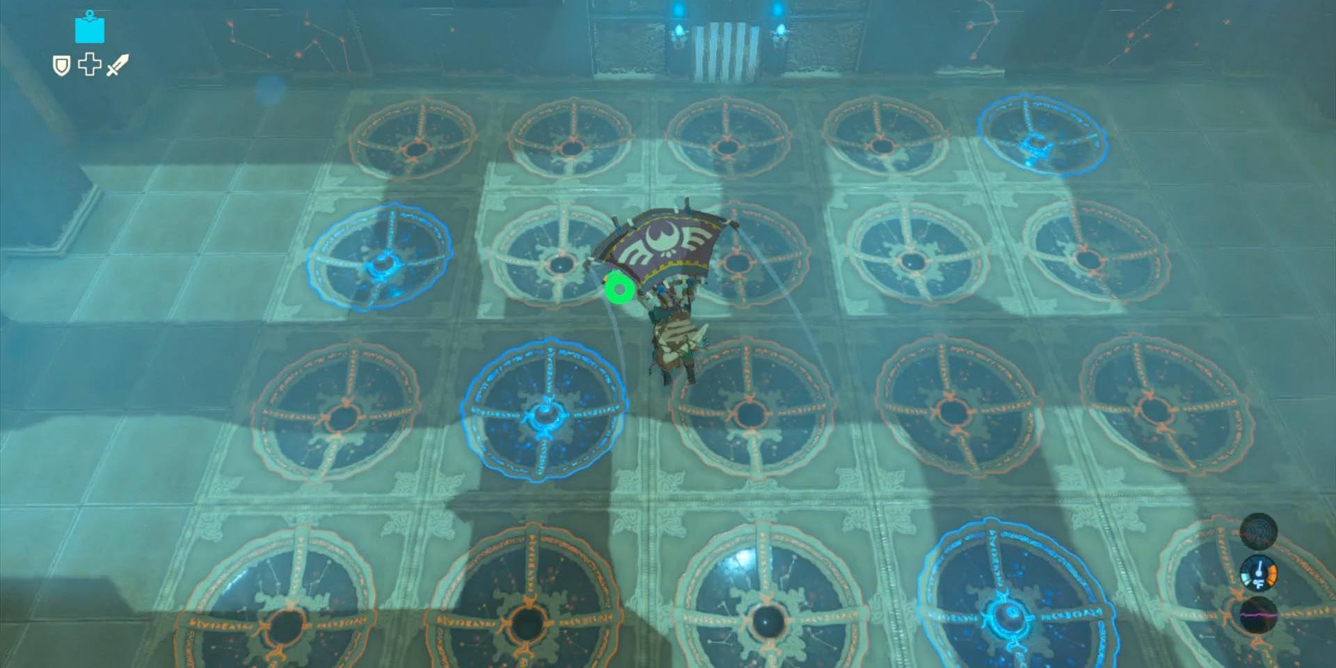 Link glides over an array of blue and orange sensors in one of Breath of the Wild&rsquo;s paired shrines