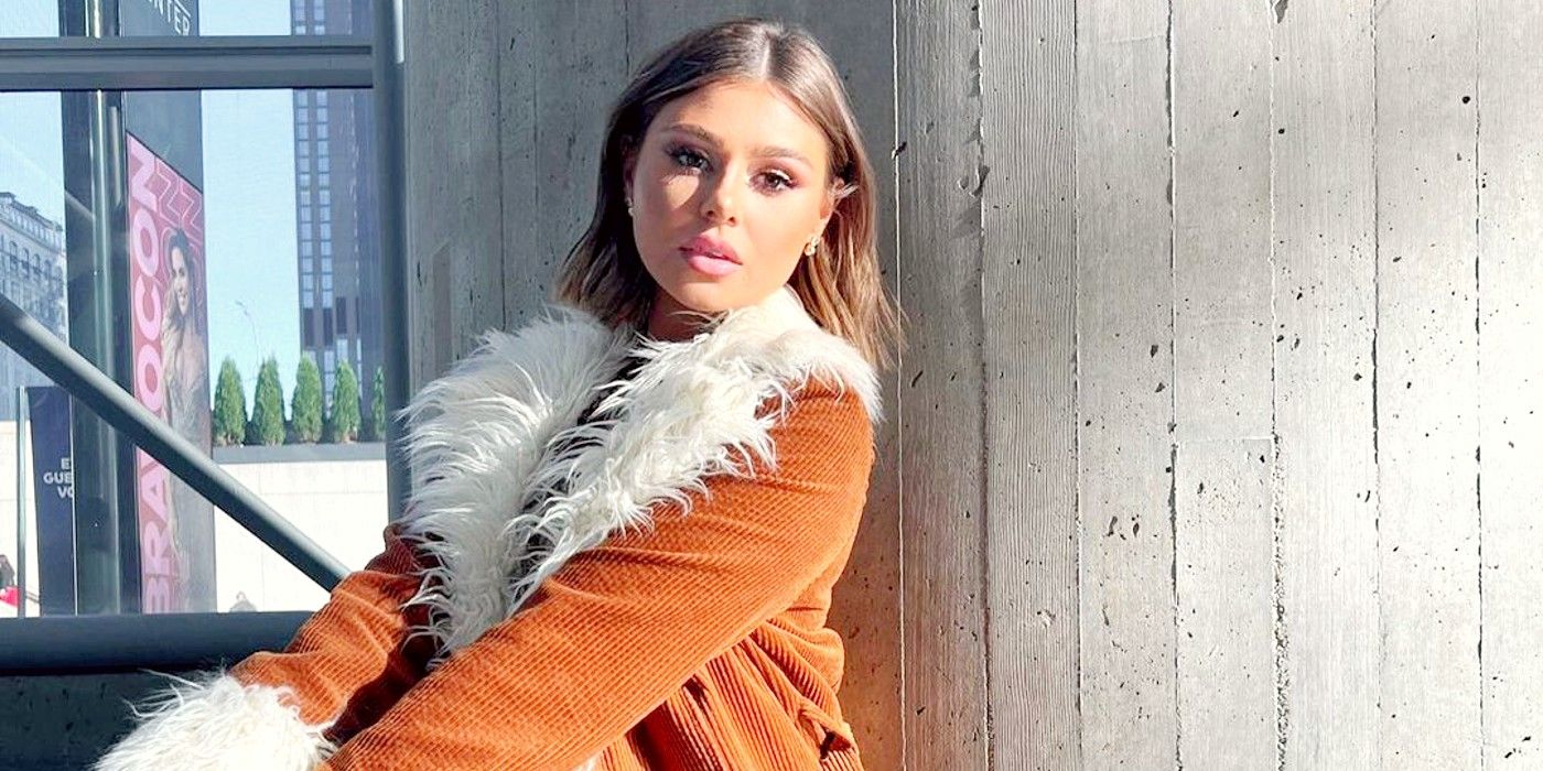 Vanderpump Rules star Raquel Leviss wearing burnt orange coat with fur trim