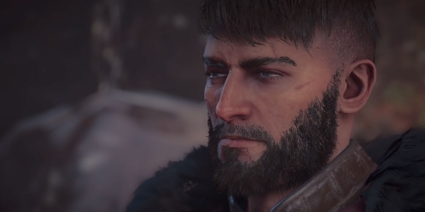 A close-up of Vili from Assassin's Creed Valhalla, looking angry.