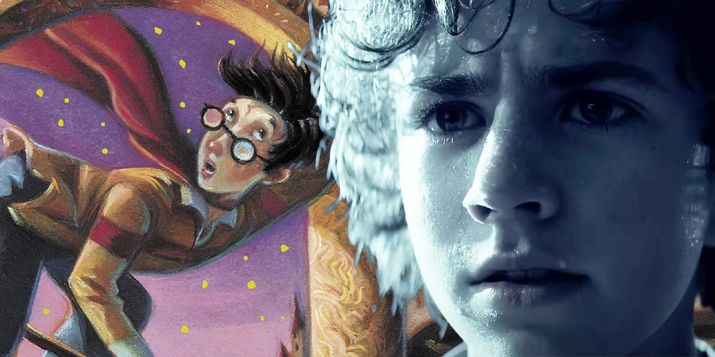Walker Scobell as Percy Jackson in Front of the Harry Potter and the Sorcerer&rsquo;s Stone Cover