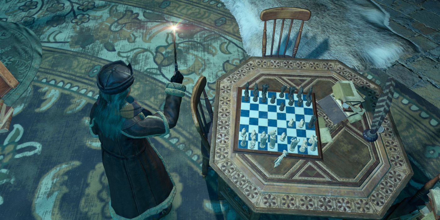 A player looking down on a chess board in Hogwarts Legacy, which is playing Fools Mate against itself.