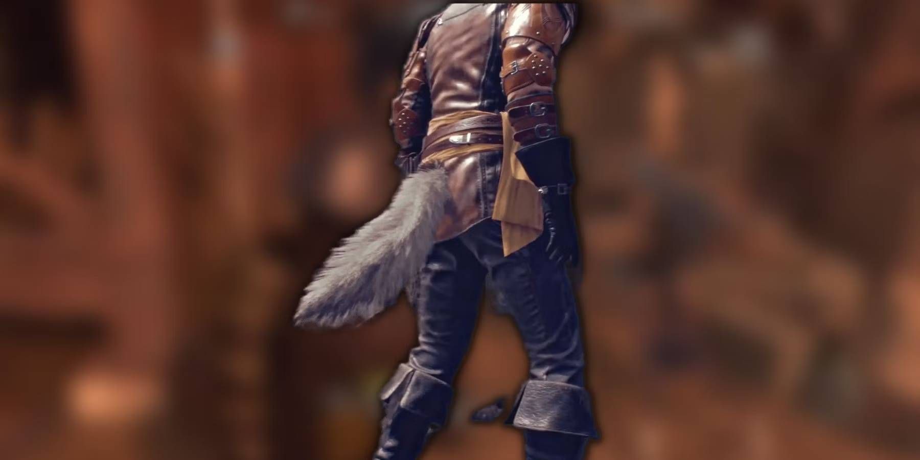Resident Evil 4 Remake Wolf Tail Accessory with Standard Gameplay in the Faded Background