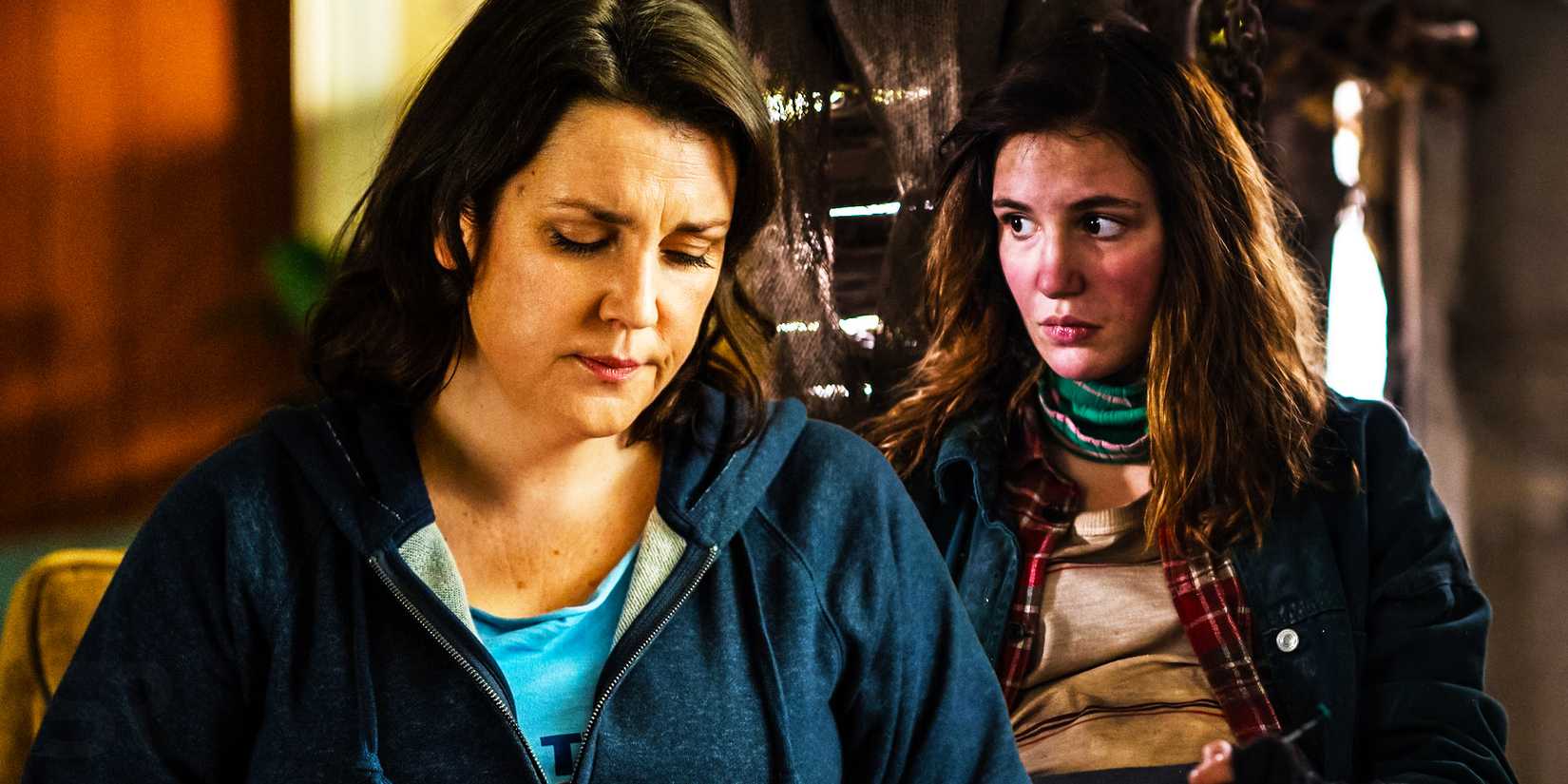 Adult Shauna looking down with Teen Shauna in the wilderness in Yellowjackets