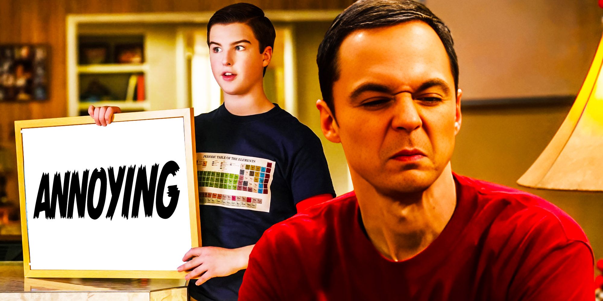 Blended image of young Sheldon holding an annoying sign and older Sheldon making a funny face in the Big Bang Theory