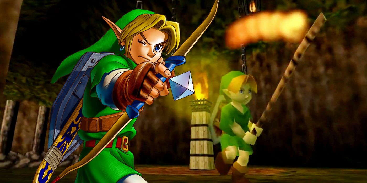 A cutout of adult Link from Ocarina of Time drawing a bow superimposed over a screenshot from Zelda 64 - Dawn & Dusk, where kid Link is running through a cave with a Deku Stick alight and a lit torch behind him.
