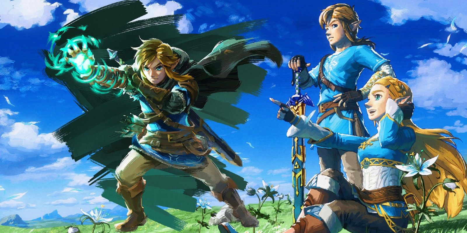 Gambar The Legend of Zelda: Tautan Air Mata Kerajaan terhadap karya seni peringatan untuk Breath of the Wild yang menampilkan Link dan Zelda.