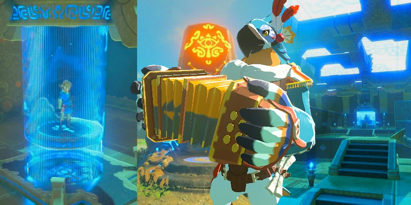 Kass from Breath of the Wild in front of three screenshots spliced together to show Link in and around three Ancient Shrines.