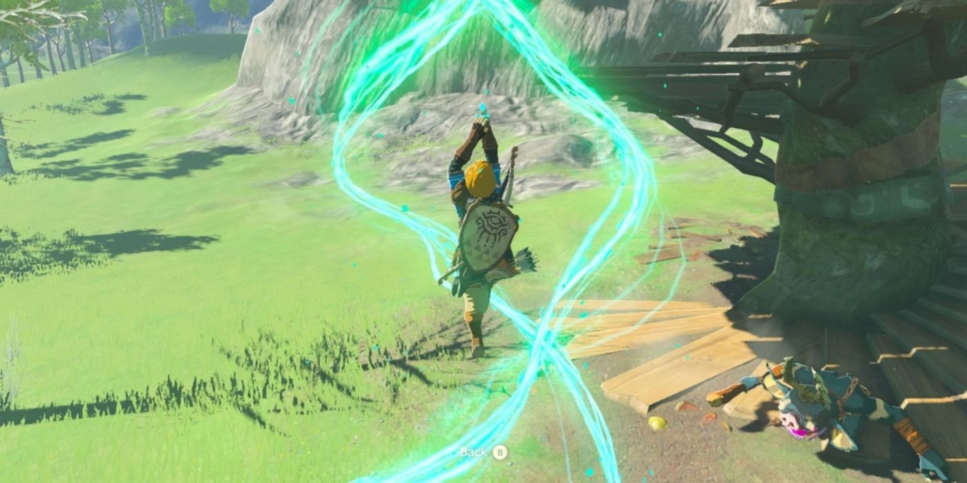 Zelda TOTK Ascend Powers, showing Link flying upward in amongst some swirls of light